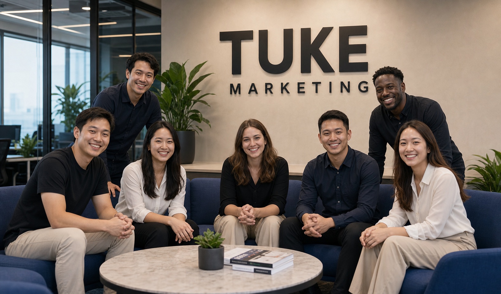 Tuke Marketing global team in front of the TUKE Marketing brand wall